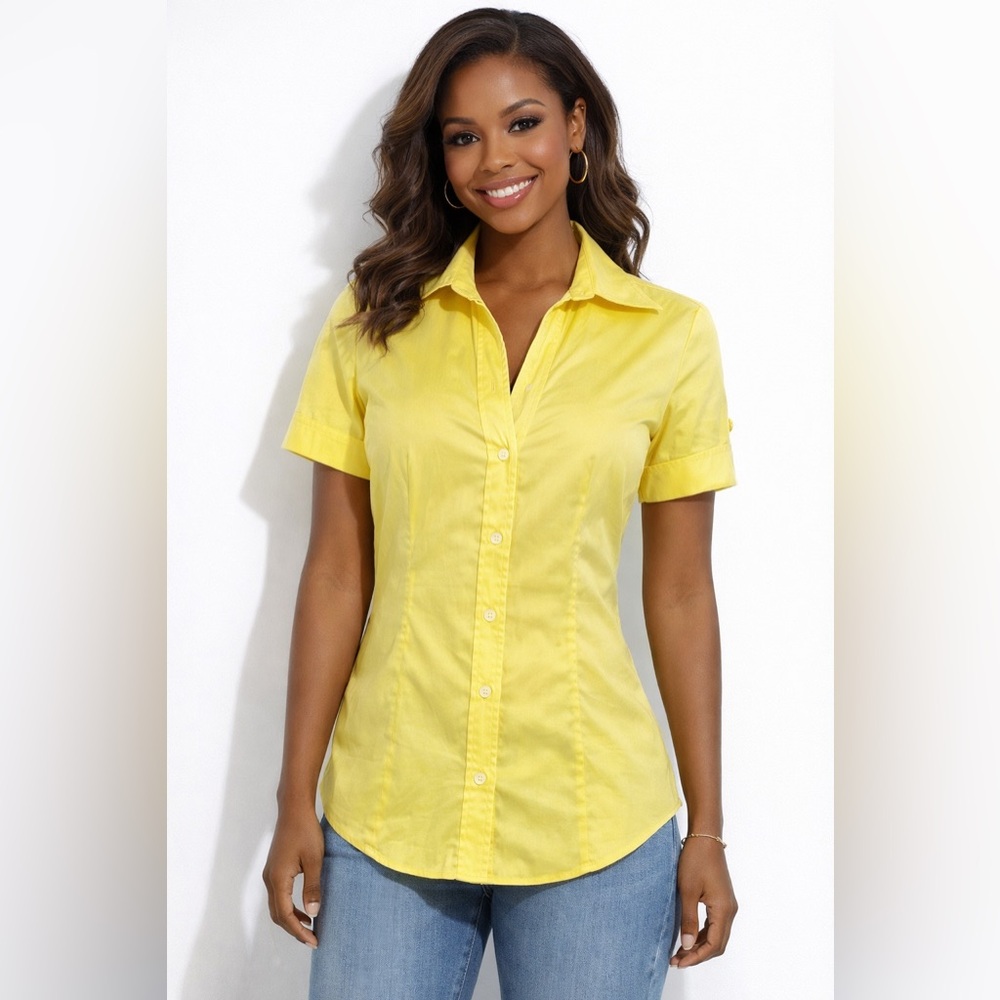Banana Republic Yellow Button Down Shirt Small Short Sleeve Classic Chic Top